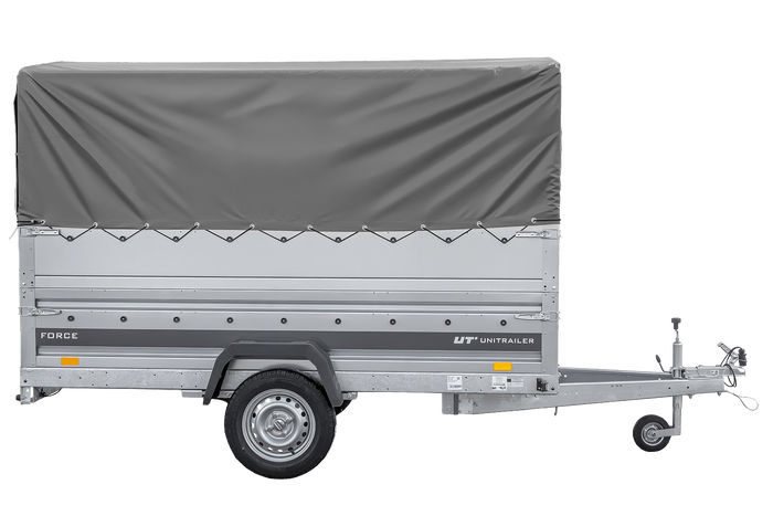 Leichter Anhänger auf Blattfedern 264x125 UNITRAILER FORCE 264/R KIPP mit BIS-Seitenwänden, H-800-Rahmen und grauer Plane