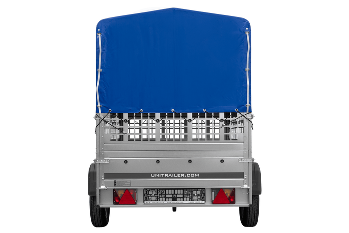 PKW-Anhänger 200x125 UNITRAILER GARDEN 201 KIPP mit Gitteraufsatz und blauer Hochplane
