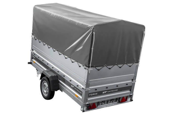 Leichter Anhänger auf Blattfedern 264x125 UNITRAILER FORCE 264/R KIPP mit BIS-Seitenwänden, H-800-Rahmen und grauer Plane