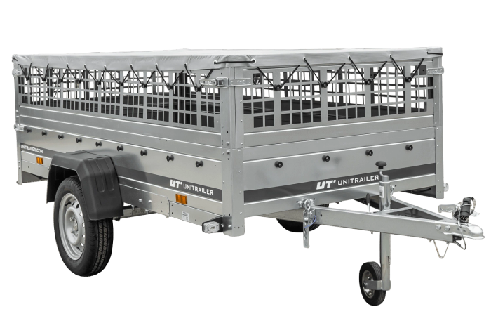 Einachsiger Anhänger auf Blattfedern 264x125 UNITRAILER GARDEN 264/R KIPP mit Gitterseitenwänden, H-0-Rahmen und grauer Plane