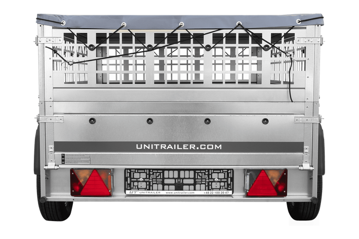 PKW-Anhänger auf Federn 200x125 UNITRAILER GARDEN 201/R KIPP mit Gitterwänden, H-0-Rahmen und grauer Plane