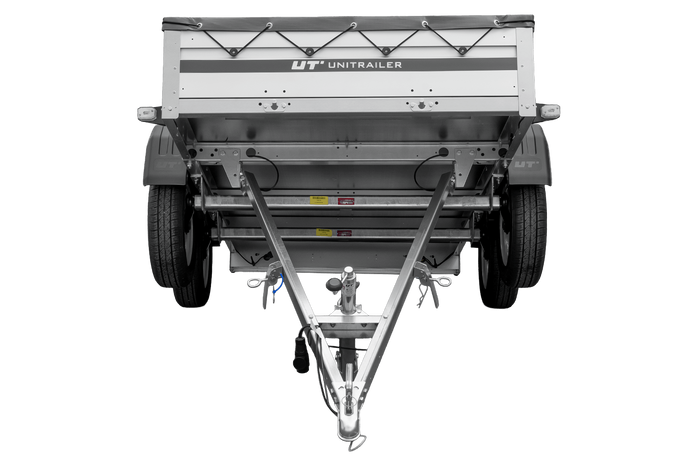 Zweiachsiger Anhänger mit Aluminiumseitenwänden 264x125 Unitrailer Garden 264/2 KIPP ALU mit H-0-Rahmen und grauer Plane