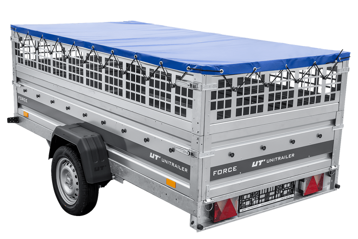 Einachsiger Anhänger auf Blattfedern 264x125 UNITRAILER FORCE 264/R KIPP mit Gitterseitenwänden, H-0-Rahmen und blauer Plane