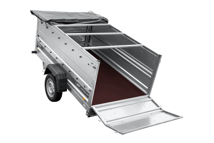 Leichter Anhänger 230x125 UNITRAILER FORCE 230 KIPP mit BIS-Seitenwänden, H-0-Rahmen und grauer Plane