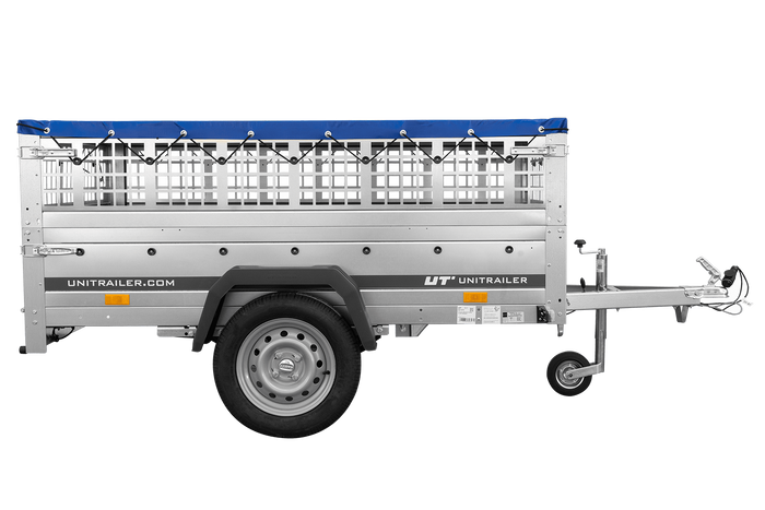 PKW-Anhänger auf Federn 200x125 UNITRAILER GARDEN 201/R KIPP mit Gitterwänden, H-0-Rahmen und blauer Plane