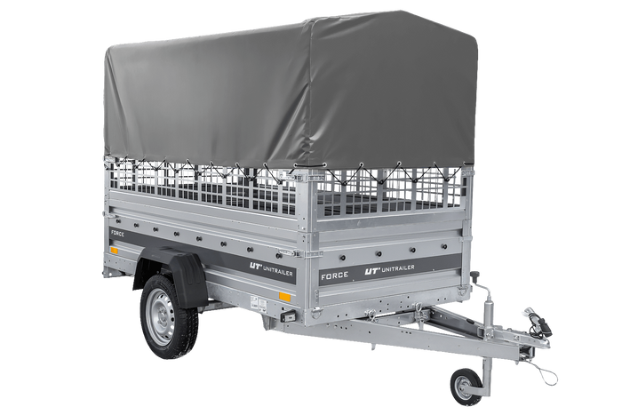 Einachsanhänger 230x125 UNITRAILER FORCE 230 KIPP mit Gitterseitenwänden, H-800 Rahmen und grauer Plane