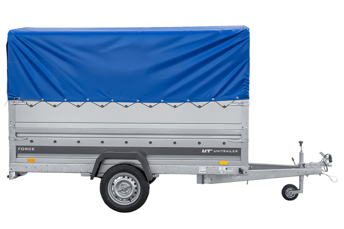 Leichter Anhänger auf Blattfedern 264x125 UNITRAILER FORCE 264/R KIPP mit BIS-Seitenwänden, H-800-Rahmen und blauer Plane