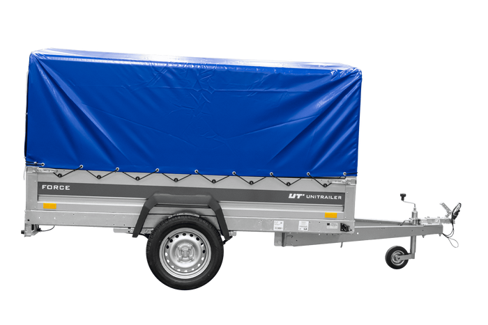 Anhänger mit Blattfedern 230x125 UNITRAILER FORCE 230/R KIPP mit H-800 Spriegel und blauer Hochplane