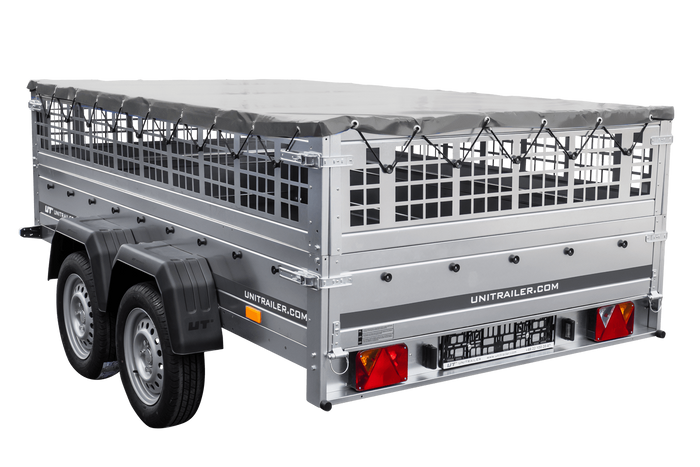Leichter Anhänger 264x150 UNITRAILER GARDEN 265/2 KIPP mit Gitterwänden, H-0-Rahmen und grauer Plane
