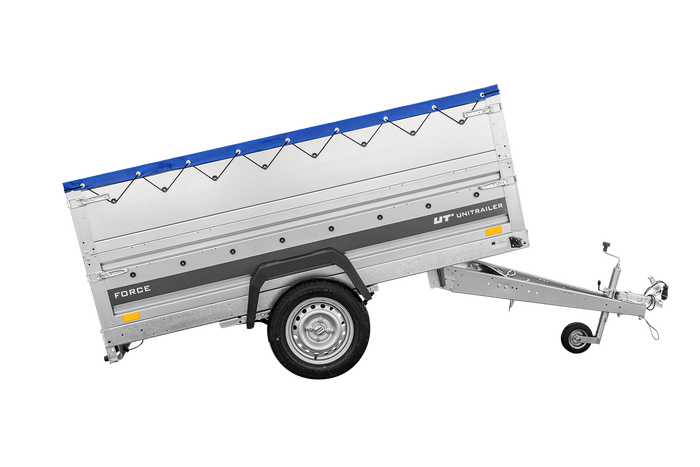 Autotransportanhänger auf Federn 230x125 UNITRAILER FORCE 230/R KIPP mit BIS-Seitenwänden, H-0-Rahmen und blauer Plane