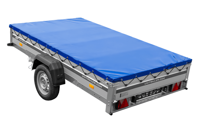 Autotransportanhänger mit Aluminiumseitenwänden 264x150 Unitrailer Garden 265 KIPP ALU mit H-0-Rahmen und blauer Plane
