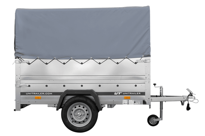 Leichtanhänger auf Blattfedern 200x125 UNITRAILER GARDEN 201/R KIPP mit BIS-Seiten, H-800-Rahmen und grauer Plane
