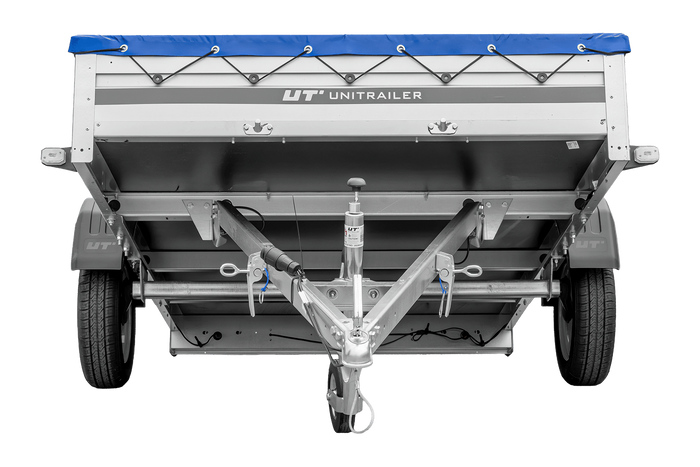 Autotransportanhänger mit Aluminiumseitenwänden 264x150 Unitrailer Garden 265 KIPP ALU mit H-0-Rahmen und blauer Plane
