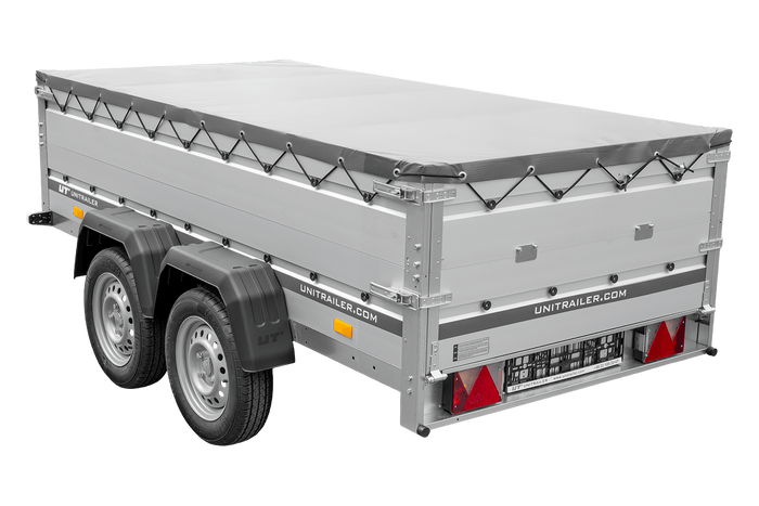 Zweiachsiger Anhänger mit Aluminiumseitenwänden 264x125 Unitrailer Garden 264/2 KIPP ALU mit BIS-Seitenwänden, H-0-Rahmen und grauer Plane