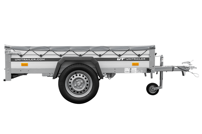 Einachsiger Anhänger auf Blattfedern mit Aluminiumseitenwänden 200x125 Unitrailer Garden 201/R KIPP ALU mit H-0-Rahmen und grauer Plane