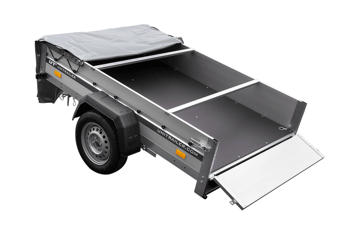 Einachsiger Anhänger auf Blattfedern mit Aluminiumseitenwänden 200x125 Unitrailer Garden 201/R KIPP ALU mit H-0-Rahmen und grauer Plane