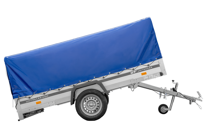 Einachsanhänger mit Aluminiumseitenwänden 264x150 Unitrailer Garden 265 KIPP ALU mit H-800 Rahmen und blauer Plane