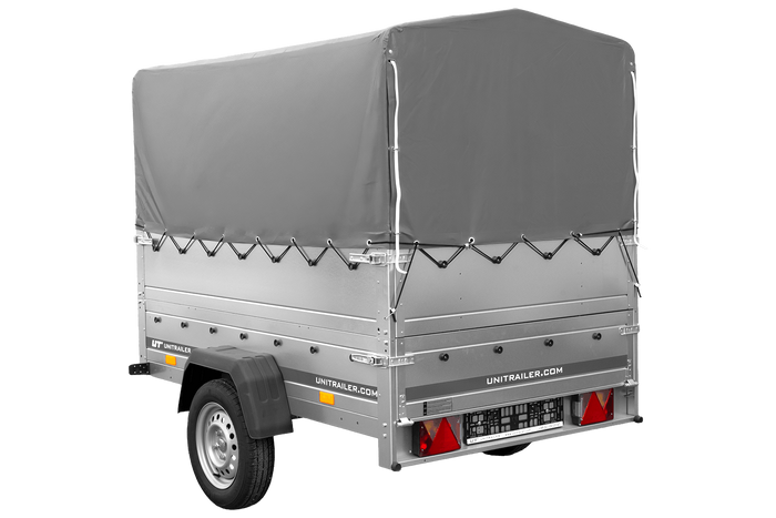 PKW-Anhänger 200x125 UNITRAILER GARDEN 201 KIPP mit Bordwandaufsatz und grauer Hochplane