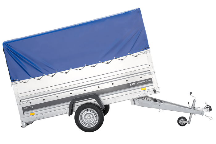 Autotransportanhänger 264x125 UNITRAILER FORCE 264 KIPP mit BIS-Seitenwänden, H-800-Rahmen und blauer Plane