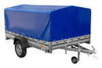 Einachsanhänger mit Aluminiumseitenwänden 264x150 Unitrailer Garden 265 KIPP ALU mit H-800 Rahmen und blauer Plane