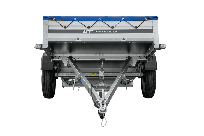 Einachsanhänger mit Aluminiumseitenwänden 230x125 Unitrailer Garden 230 KIPP ALU mit H-0-Rahmen und blauer Plane