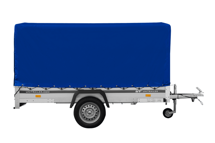 Autoanhänger mit Aluminiumseitenwänden 264x150 Unitrailer Garden 265 KIPP ALU mit H-1100 Rahmen und blauer Plane
