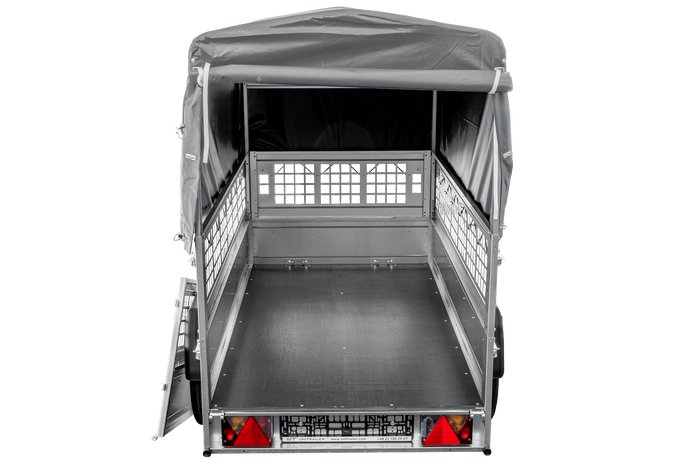 Autotransportanhänger 200x106 UNITRAILER GARDEN 200 KIPP mit Gitterwänden, H-800 Rahmen und grauer Plane