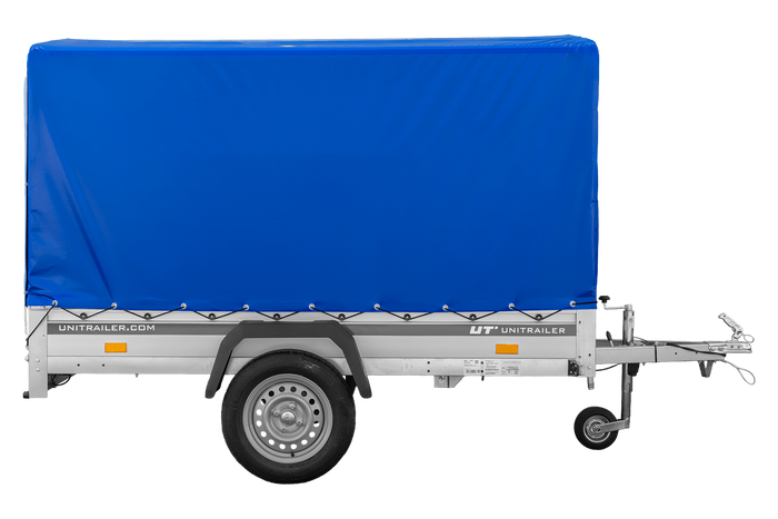 Autotransportanhänger mit Aluminiumwänden 230x125 Unitrailer Garden 230 KIPP ALU mit H1100-Rahmen und blauer Plane