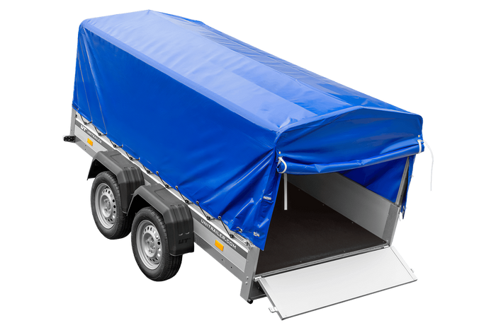 Zweiachsiger Anhänger mit Aluminiumseitenwänden 264x125 Unitrailer Garden 264/2 KIPP ALU mit H-800 Rahmen und blauer Plane