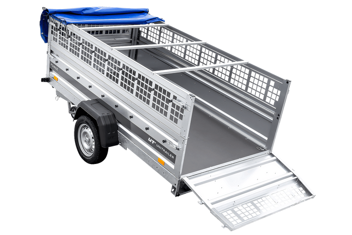 Einachsiger Anhänger auf Blattfedern 264x125 UNITRAILER FORCE 264/R KIPP mit Gitterseitenwänden, H-0-Rahmen und blauer Plane