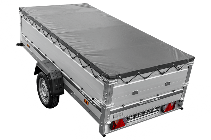 Einachsanhänger mit Aluminiumseitenwänden 264x125 Unitrailer Garden 264 KIPP ALU mit BIS-Seitenwänden, H-0-Rahmen und grauer Plane