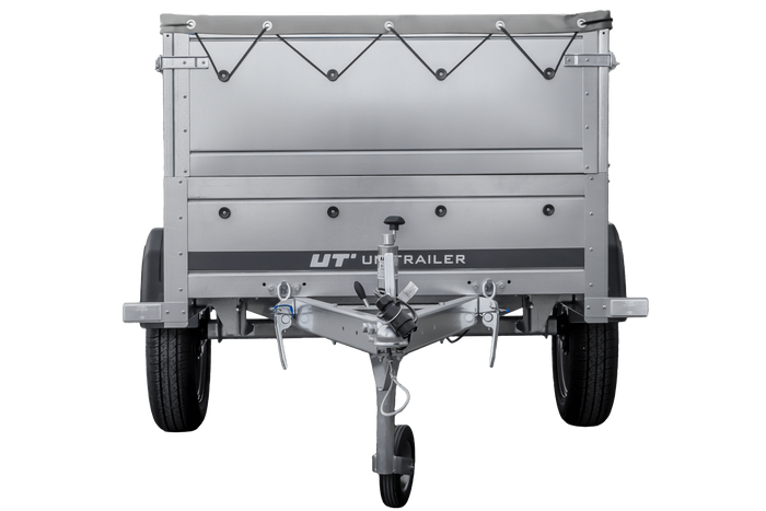 Gartenanhänger 200 Kipp mit Stützrad, zwei Seitenwänden, H-0-Rahmen und grauer Plane