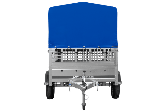 PKW-Anhänger 200x125 UNITRAILER GARDEN 201 KIPP mit Gitteraufsatz und blauer Hochplane