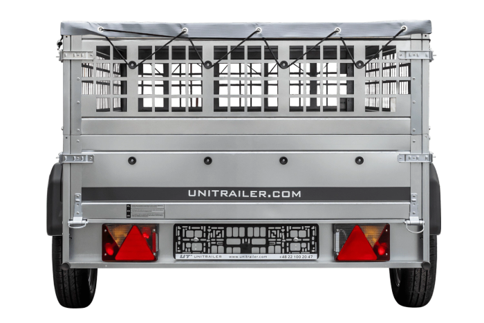 Leichter Anhänger auf Federn 230x125 UNITRAILER GARDEN 230/R KIPP mit Gitterwänden, H-0-Rahmen und grauer Plane