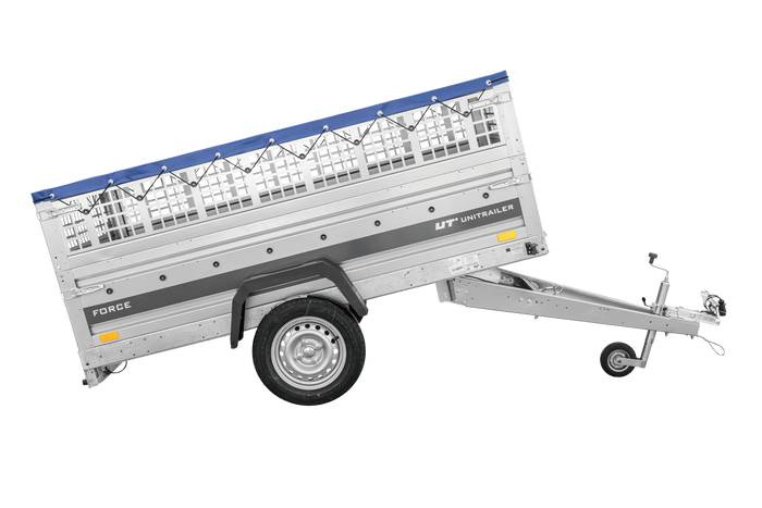 Einachsanhänger 230x125 UNITRAILER FORCE 230 KIPP mit Gitterseitenwänden, H-0-Rahmen und blauer Plane