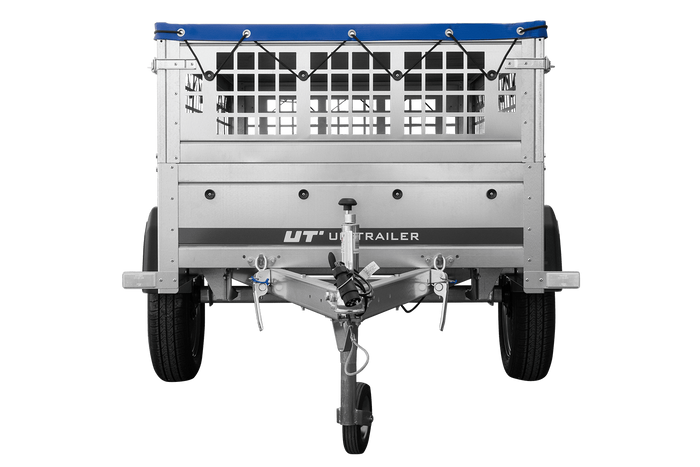 Einachsanhänger 200x106 UNITRAILER GARDEN 200 KIPP mit Maschenseitenwänden und blauer Plane