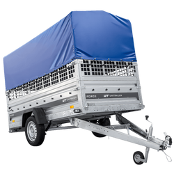 Autotransportanhänger auf Federn 264x125 UNITRAILER FORCE 264/R KIPP mit Gitterwänden, H-800 Rahmen und blauer Plane