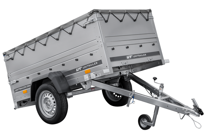 Gartenanhänger 200 Kipp mit Stützrad, zwei Seitenwänden, H-0-Rahmen und grauer Plane