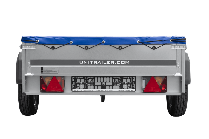 PKW-Anhänger 200x125 UNITRAILER GARDEN 201 KIPP mit blauer Flachplane und Flachplanenträger