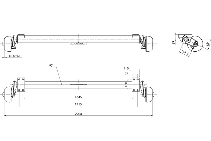 AL-KO COMPACT gebremste Achse für Bootsanhänger 1350kg 1645/1755mm 2200mm 5x112