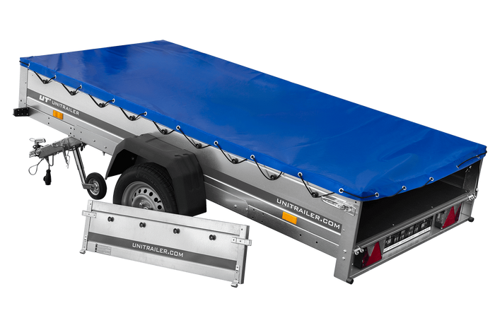 Riesiger Anhänger mit blauer Flachplane GARDEN TRAILER 264 KIPP [ohne Planenträger]