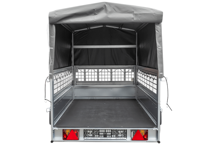 PKW-Anhänger 230x125 UNITRAILER GARDEN 230 KIPP mit Gitterwänden und grauer Hochplane