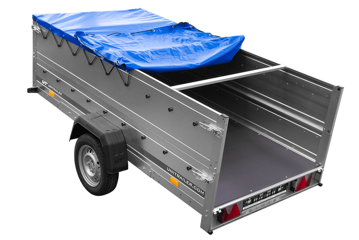 Einachsanhänger auf Federn 264x125 UNITRAILER GARDEN 264/R KIPP mit BIS-Seiten, H-0-Rahmen und blauer Plane