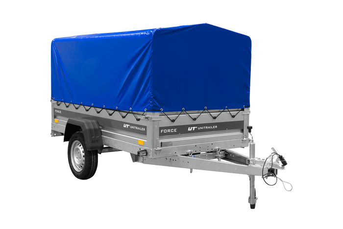 Einachsanhänger 230x125 UNITRAILER FORCE 230 KIPP mit H-800 Rahmen und blauer Plane