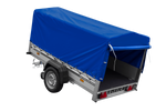 Einachsiger Anhänger auf Blattfedern mit Aluminiumseitenwänden 230x125 Unitrailer Garden 230/R KIPP ALU mit H-800 Rahmen und blauer Plane