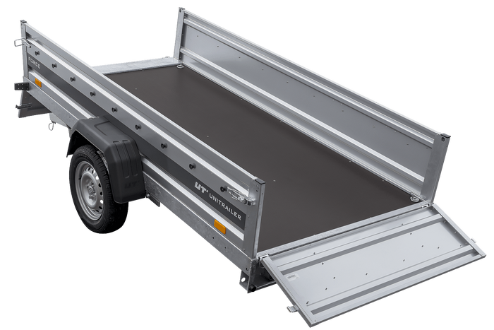 Einachsiger Federanhänger 264x125 UNITRAILER FORCE 264/R KIPP mit H-1100 Rahmen und grauer Plane