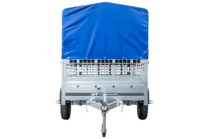 PKW-Anhänger 230x125 UNITRAILER GARDEN 230 KIPP mit Gitterseitenwänden und blauer Hochplane 80 cm