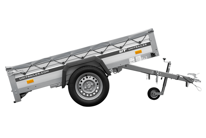 Einachsiger Anhänger auf Blattfedern mit Aluminiumseitenwänden 200x125 Unitrailer Garden 201/R KIPP ALU mit H-0-Rahmen und grauer Plane