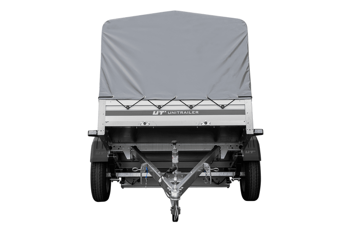 Autotransportanhänger auf Federn mit Aluminiumseitenwänden 200x125 Unitrailer Garden 201/R KIPP ALU mit H-800 Rahmen und grauer Plane