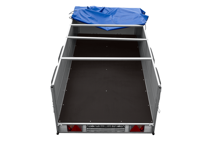 Zweiachsiger Anhänger mit Aluminiumseitenwänden 264x125 Unitrailer Garden 264/2 KIPP ALU mit BIS-Seitenwänden, H-0-Rahmen und blauer Plane